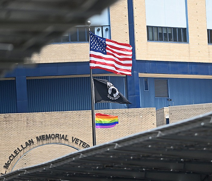 A Pride Flag flies in front of the John L. McClellan Memorial Veterans Hospital in Little Rock on Wednesday, June 7, 2023.
(Arkansas Democrat-Gazette/Staci Vandagriff)