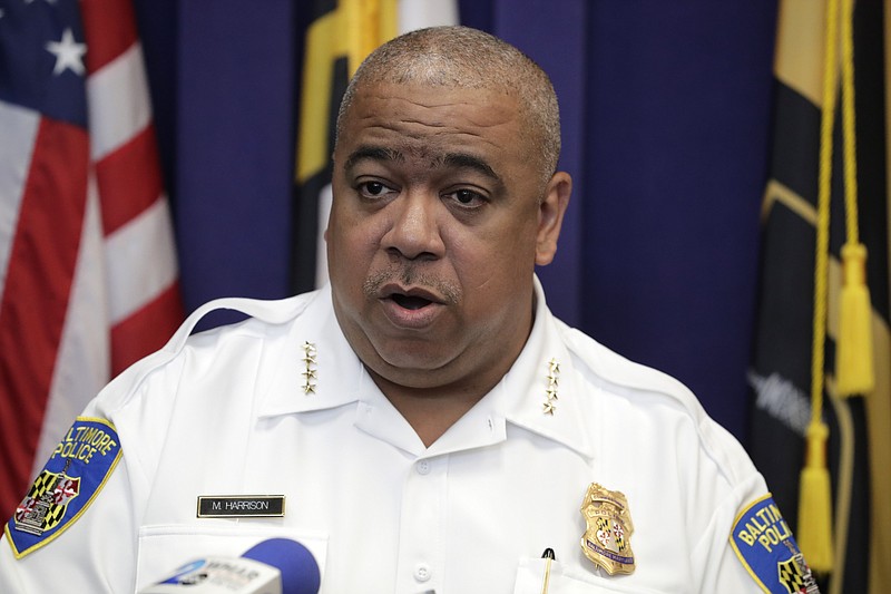 FILE - Baltimore Police Commissioner Michael Harrison speaks during a news conference, July 23, 2019, in Baltimore. Commissioner Harrison is stepping down after four years in the role, a tenure that focused on leading the city. Harrisons departure was announced Thursday, June 8, 2023 at a news conference held on short notice at City Hall. (AP Photo/Julio Cortez, File)