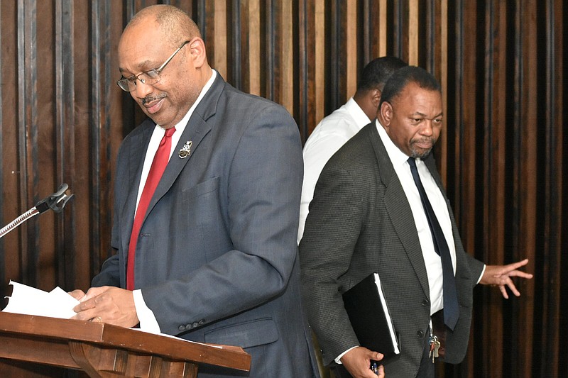 Frank Bateman, executive director of the Arkansas Black Mayors Association, prepares a copy of a letter Pine Bluff Mayor Shirley Washington sent to a state conservationist requesting a feasibility report for a watershed project covering three bayous in Jefferson County following a special called City Council meeting that did not establish a quorum Thursday. (Pine Bluff Commercial/I.C. Murrell)