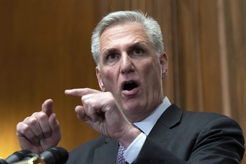 FILE - House Speaker Kevin McCarthy of Calif., speaks at a news conference after the House passed the debt ceiling bill at the Capitol in Washington, May 31, 2023. The bill now goes to the Senate. McCarthy is studying history and considering the appointment of a mix of lawmakers and business leaders to a new commission to tackle the nation's soaring debt. McCarthy is fresh off his biggest political victory since becoming speaker. He got the White House to agree to a debt limit suspension that also contained some $1.5 trillion in deficit savings. (AP Photo/Jose Luis Magana, File)