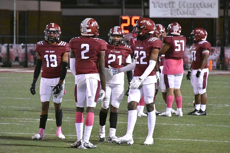Pine Bluff High School football players line up for a play during an Oct. 14 home game against White Hall. (Pine Bluff Commercial/I.C. Murrell)