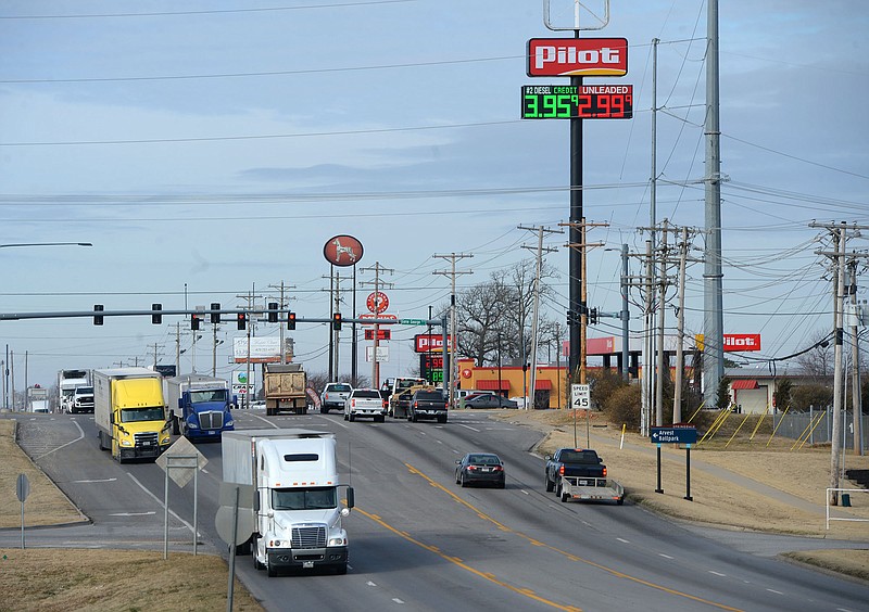 Traffic passes Friday, Jan. 28, 2022, along Sunset Avenue near the highway?s exchange with Interstate 49 in Springdale. A 189-mile portion of U.S. 412 in Arkansas and Oklahoma has been officially designated a future Interstate on the National Highway System. Visit nwaonline.com/220130Daily/ for today's photo gallery.
(NWA Democrat-Gazette/Andy Shupe)