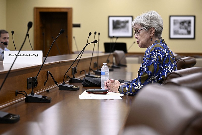 Annabelle Imber Tuck, Chair of the Independent Citizens Commission, discusses a proposal that would give 3% pay raises to Arkansas constitutional officers during a meeting of the commission at the State Capitol on Friday, June 16, 2023.

(Arkansas Democrat-Gazette/Stephen Swofford)