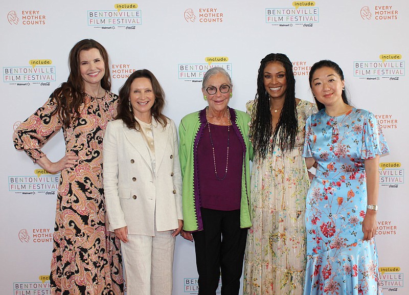 Geena Davis and Wendy Guerrero of the Bentonville Film Festival and BFFoundation (from left) and Alice Walton, Danyelle Musselman and Tammy Sun, hosts of a luncheon to kick off the festival and highlight maternal health, welcome guests June 13 at The Momentary in Bentonville.
(NWA Democrat-Gazette/Carin Schoppmeyer)