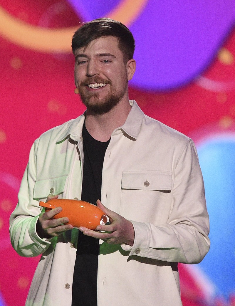 MrBeast [Jimmy Donaldson] accepts the award for favorite male creator during the Nickelodeon Kids' Choice Awardson Saturday, March 4, 2023, at Microsoft Theater in Los Angeles. (Photo by Richard Shotwell/Invision/AP)