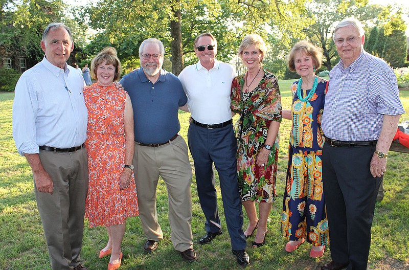 Sen. John Boozman and wife Cathy (from left); Dave Turk, United States Marshals Service National Historian; U.S. Marshals Museum Board Chairman Doug Babb and wife Kathy; and Mary and Robert Young, U.S. Marshals Museum Foundation board chairman emeritus, gather at the Celebration Under the Stars on June 28 at Packard Point Ranch in Muldrow, OK.
(NWA Democrat-Gazette/Carin Schoppmeyer)
