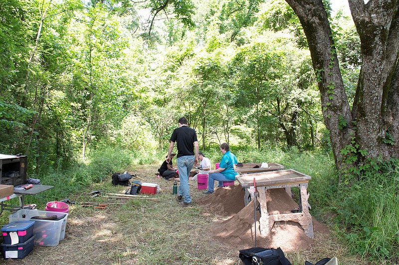 The excavation site. Beyond the thicket of trees is Bayou Bartholomew used at one time for transportation. (Arkansas Democrat-Gazette/Cary Jenkins)