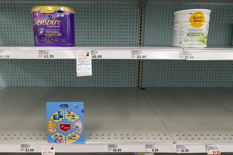 FILE - Baby formula is displayed on the shelves of a grocery store in Carmel, Ind. on May 10, 2022. U.S. health officials will start formally tracking infections caused by the rare but potentially deadly germ that sickened babies and triggered a nationwide shortage of infant formula in 2022. A group that advises the Centers for Disease Control and Prevention agreed Thursday, June 29, 2023, to add infections caused by cronobacter to the list of serious conditions reported to the agency. (AP Photo/Michael Conroy, File)