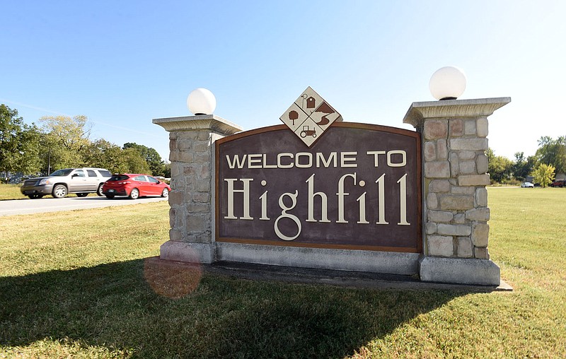 Flip Putthoff/Westside Eagle Observer
Traffic passes the Highfill welcome sign on Saturday Oct. 15, 2022, along Arkansas 12 near the Highfill City Park.
