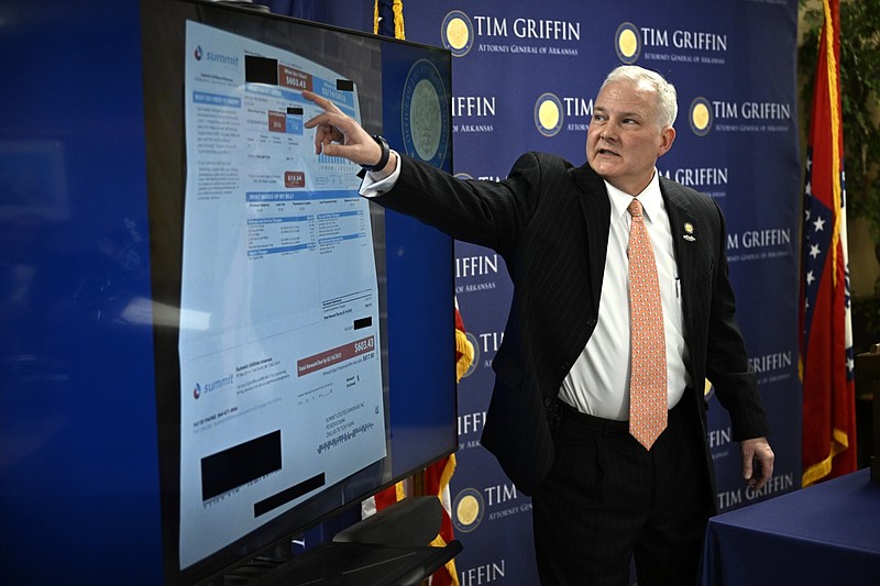 Attorney General Tim Griffin gestures to a projection of a Summit Utilities Arkansas bill during a news conference in Little Rock in this March 16, 2023 file photo. (Arkansas Democrat-Gazette/Stephen Swofford)