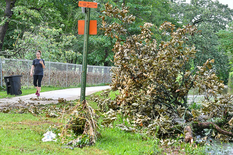 Natalie Bateman of Fort Smith walks past fallen tree limbs, Friday, July 14, 2023, at Creekmore Park in Fort Smith. Severe weather overnight affected portions of the River Valley, causing wind damage, some flooding and power outages for thousands. The city said in a news release it is running a special service to pick up storm debris through July 28. Visit nwaonline.com/photo for today's photo gallery.
(River Valley Democrat-Gazette/Hank Layton)