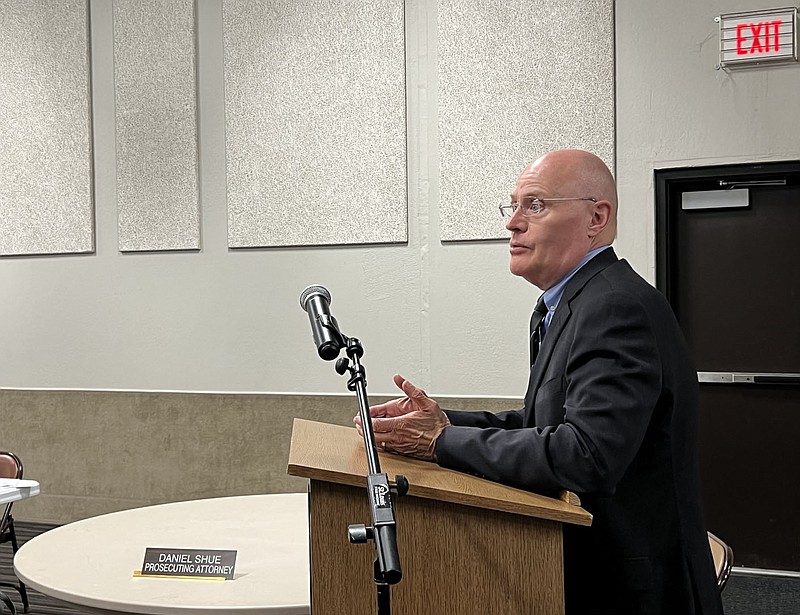 Dan Shue, Sebastian County prosecuting attorney, speaks Tuesday during the Quorum Court meeting.

(River Valley Democrat-Gazette/Thomas Saccente)