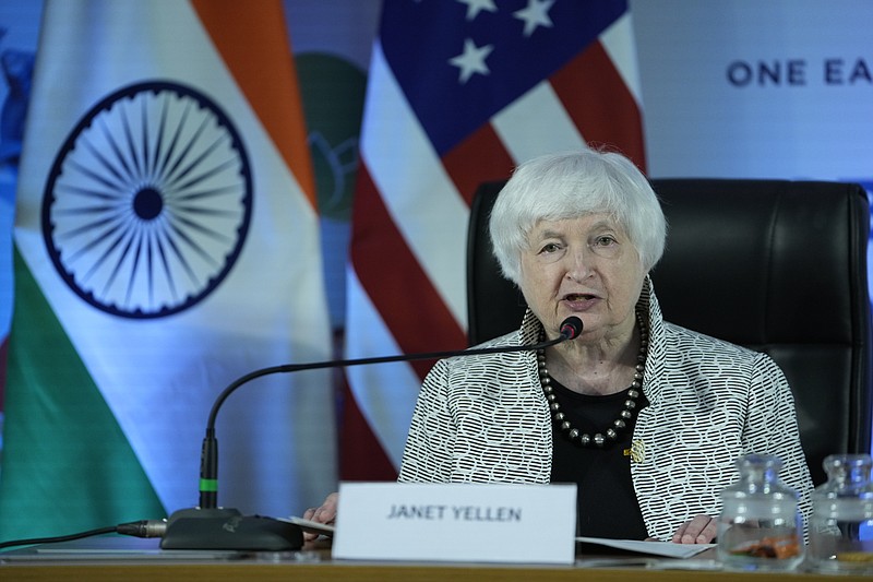 United States Treasury Secretary Janet Yellen addresses media during G-20's third Finance Ministers and Central Bank Governors (FMCBGs) meeting in Gandhinagar, India, Monday, July 17, 2023, under the Indian G20 Presidency. (AP Photo/Ajit Solanki)