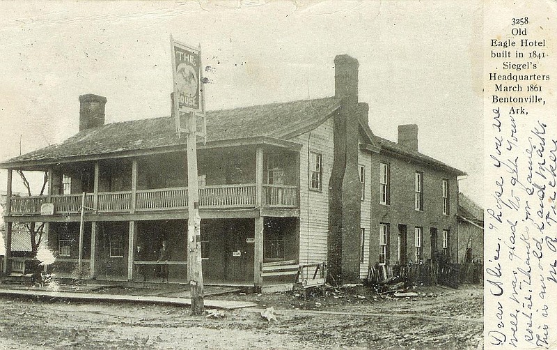 The Eagle Hotel, built in 1841, Bentonville, was one of only a few buildings left standing after the Civil War. It was torn down about 1908 to make room for the Massey Hotel.