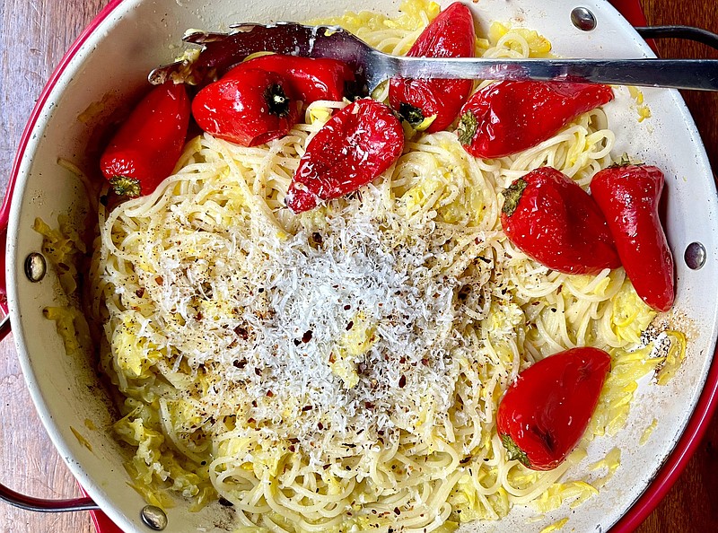 Zucchini Butter Spaghetti prepared with yellow squash and served with blistered red peppers (Arkansas Democrat-Gazette/Kelly Brant)