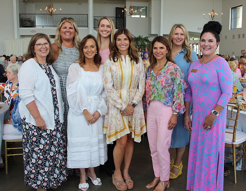 Dina Wood (from left), Mandy Macke, Tareneh Manning, Jade Coats, Carrie Bingham, Amy Knight,  Leslie Zanoff and Diya LeDuc(cq) help support Circle of Life Hospice at the Angels Paying it Forward Impact Celebration luncheon July 25 Heroncrest in Springdale.

(NWA Democrat-Gazette/Carin Schoppmeyer)