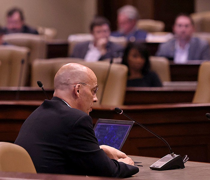 Tom Harford, Arkansas Blockchain Council founder and board member, answers a question about cryptocurrency during a meeting of the Joint Committee on Advanced Communications and Information Technology and Committee on Energy at the state Capitol on Tuesday, Aug. 1, 2023. (Arkansas Democrat-Gazette/Colin Murphey)
