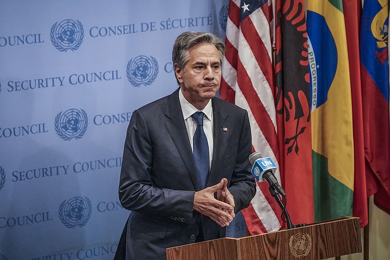 U.S. Secretary of State Antony Blinken prepares for a press conference during a meeting of the United Nations Security Council where he presides as president, Thursday, Aug. 3, 2023, at U.N. headquarters. (AP Photo/Bebeto Matthews)