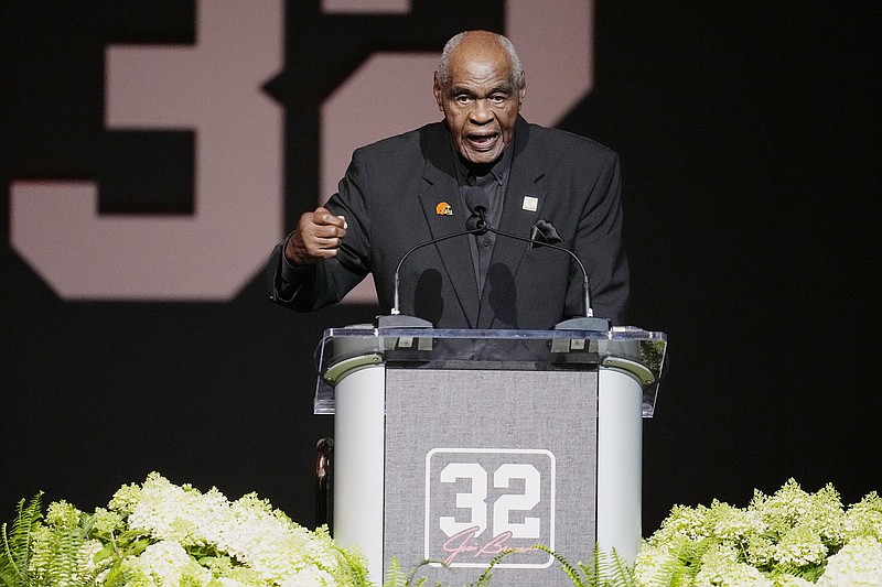 Former NFL player John Wooten speaks at a tribute for the late Jim Brown Thursday in Canton, Ohio. - Photo by Sue Ogrocki of The Associated Press