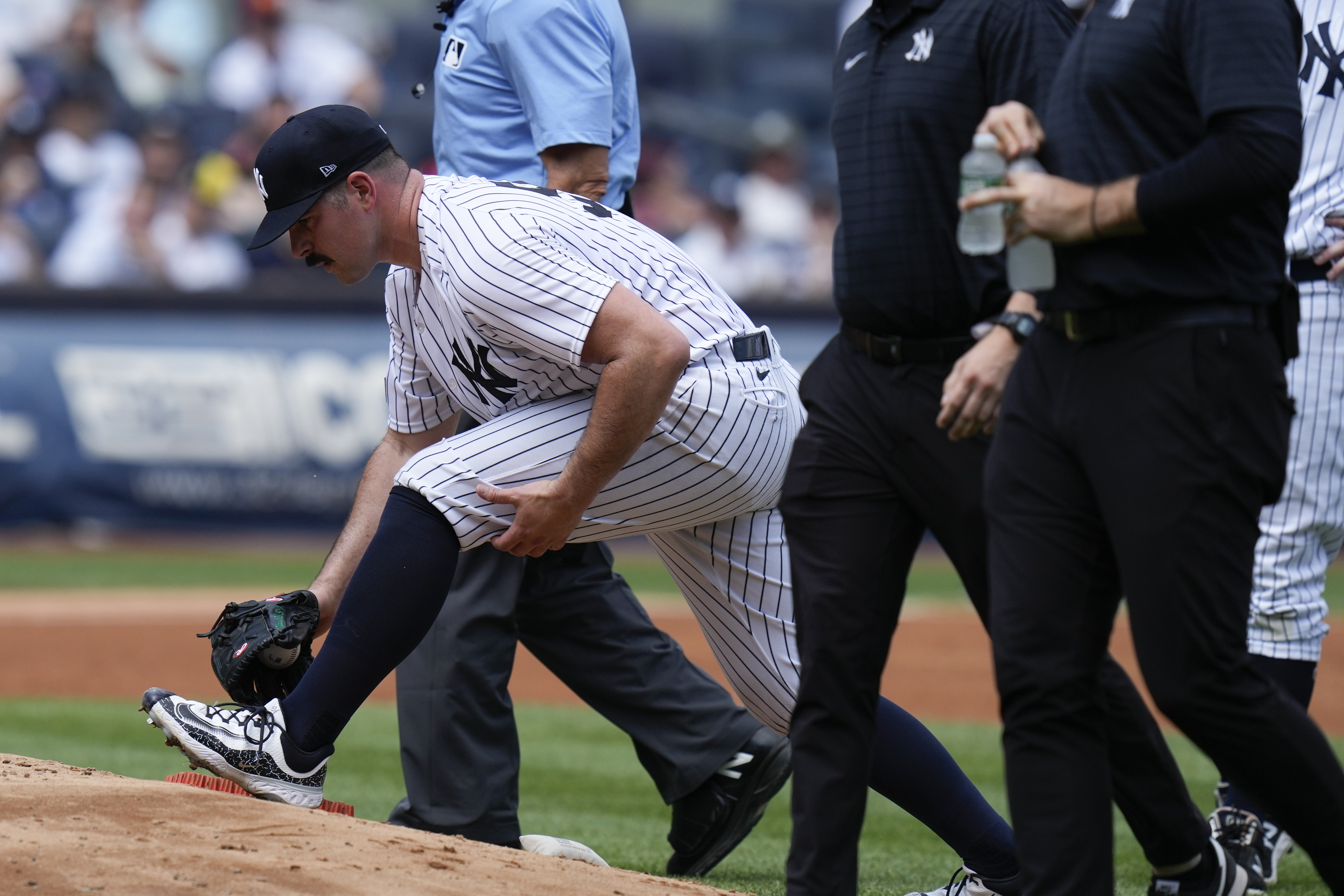 Houston Astros relief pitcher Bryan Abreu reacts after the last out of a  baseball game against the New York Yankees at Yankee Stadium, Sunday, Aug.  6, 2023, in New York. (AP Photo/Seth