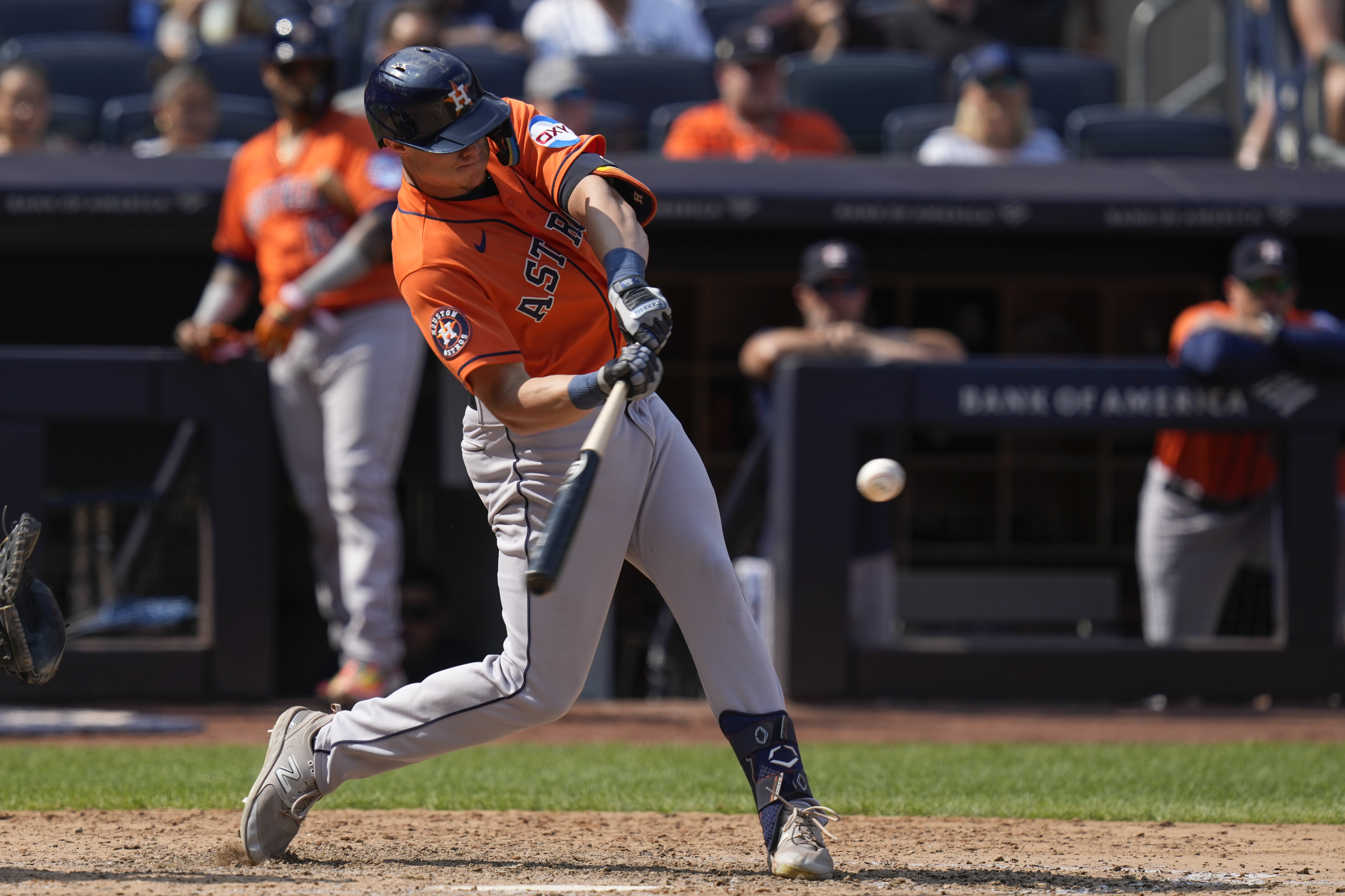 Houston Astros relief pitcher Bryan Abreu reacts after the last out of a  baseball game against the New York Yankees at Yankee Stadium, Sunday, Aug.  6, 2023, in New York. (AP Photo/Seth