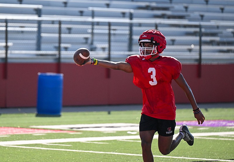 Fort Smith Northside wide receiver Ezra Phillips holds the ball over the goaline at practice on Friday, Aug. 4, 2023 at Mayo-Thompson Stadium in Fort Smith. The Grizzlies open the season at Fort Smith Southside on Aug. 25. Visit nwaonline.com/photo for today's photo gallery. (
River Valley Democrat-Gazette/Caleb Grieger)