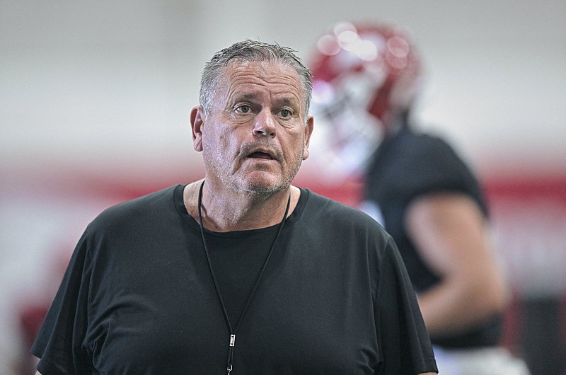 Arkansas head coach Sam Pittman looks on Sunday during a practice at the Razorback football practice field in Fayetteville. - Photo by Charlie Kaijo of NWA Democrat-Gazette