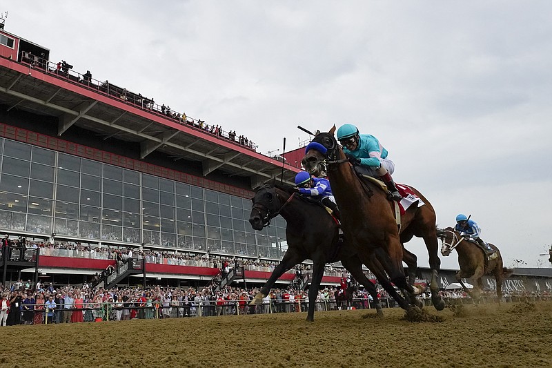 National Treasure, right, with jockey John Velazquez, edges out Blazing Sevens, with jockey Irad Ortiz Jr., to win the 148th running of the Preakness Stakes May 20 at Pimlico Race Course. - Photo by Julio Cortez of The Associated Press