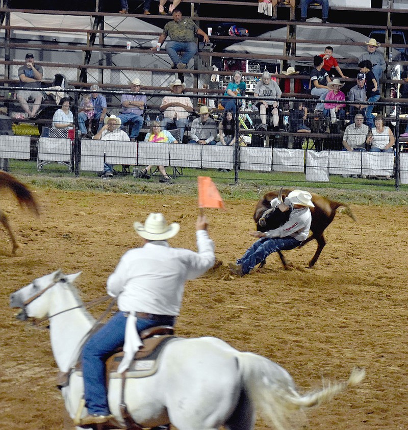 Mark Humphrey/Enterprise-Leader/Cody Doescher brings down a critter during steer wrestling competition at Thursday's 70th annual Lincoln Rodeo. Doescher completed his run in 3.6 seconds, good for third place and $462.06 in prize money.