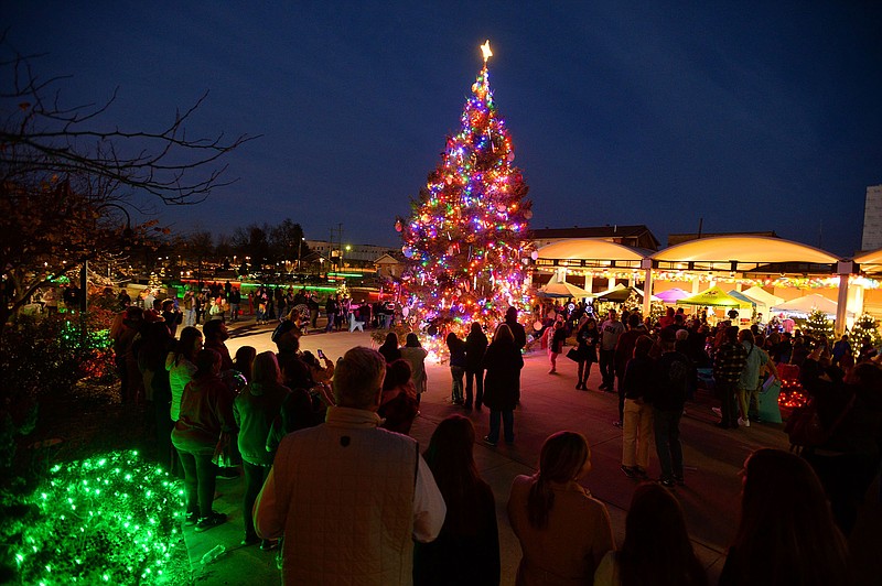 Visitors gather Saturday, Nov. 27, 2021, around a large, live Christmas tree as it is lighted for the first time during the Christmas on the Creek celebration in downtown Springdale. (NWA Democrat-Gazette/Andy Shupe)