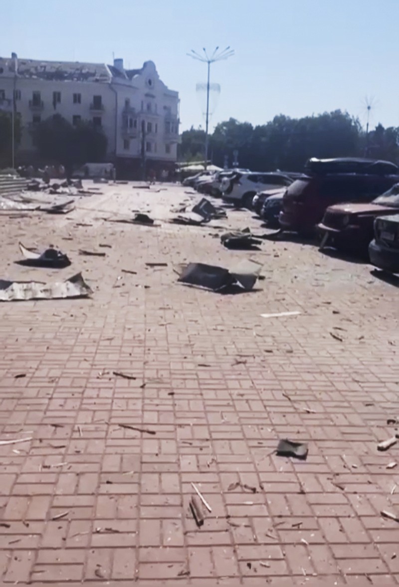 In this photo taken from video provided by the Ukrainian Presidential Press Office and posted on Facebook, a view of a scene of a Russian attack at Krasna (Red) Square in Chernihiv, Ukraine, Saturday, Aug. 19, 2023. (Ukrainian Presidential Press Office via AP)