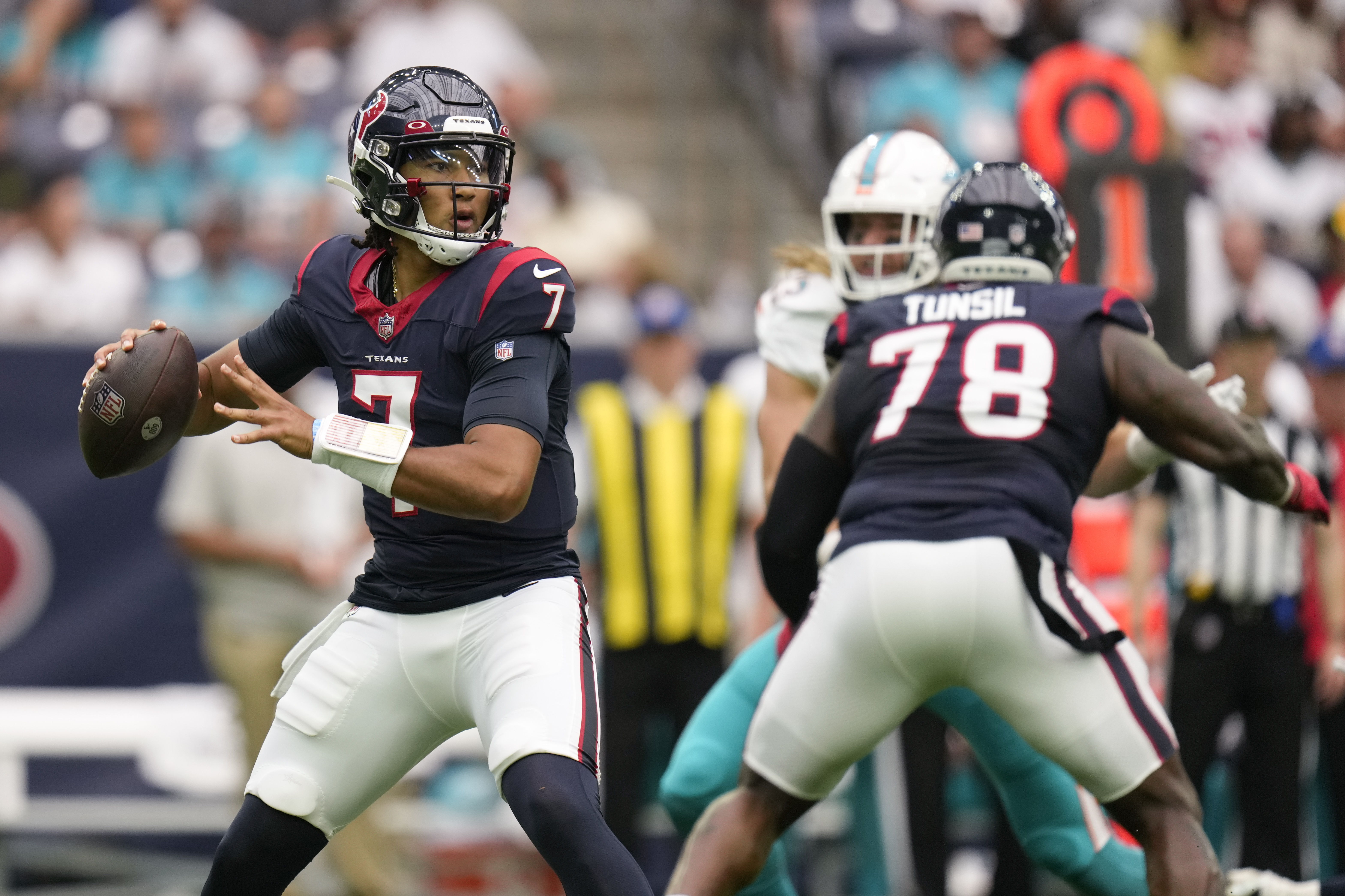 Houston Texans running back Dameon Pierce runs with the ball against the  Miami Dolphins during the first half of an NFL preseason football game,  Saturday, Aug. 19, 2023, in Houston. (AP Photo/Eric