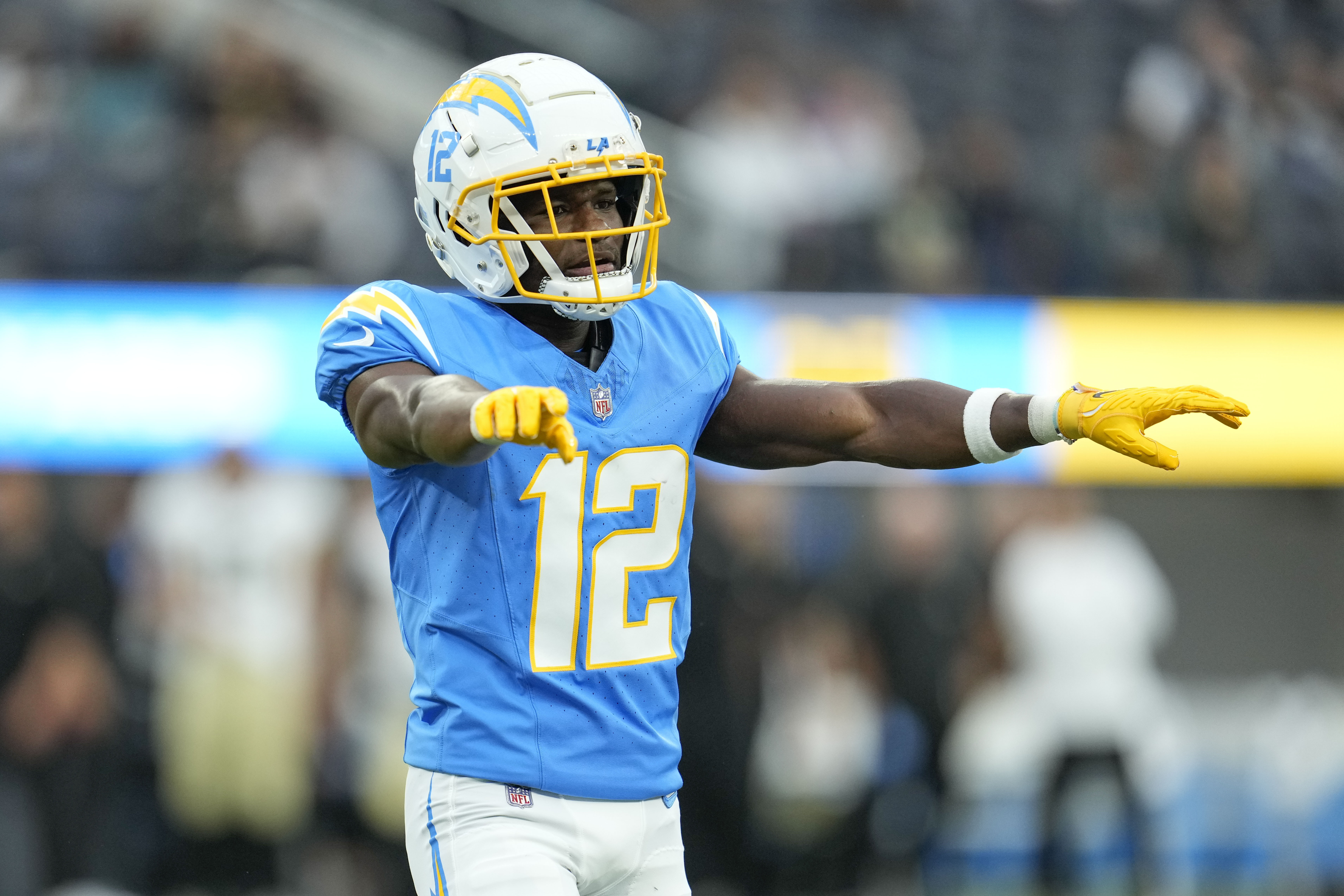 Los Angeles Chargers cornerback J.C. Jackson (27) takes his stance during  an NFL football game against the Seattle Seahawks, Sunday, Oct. 23, 2022,  in Inglewood, Calif. (AP Photo/Kyusung Gong Stock Photo - Alamy