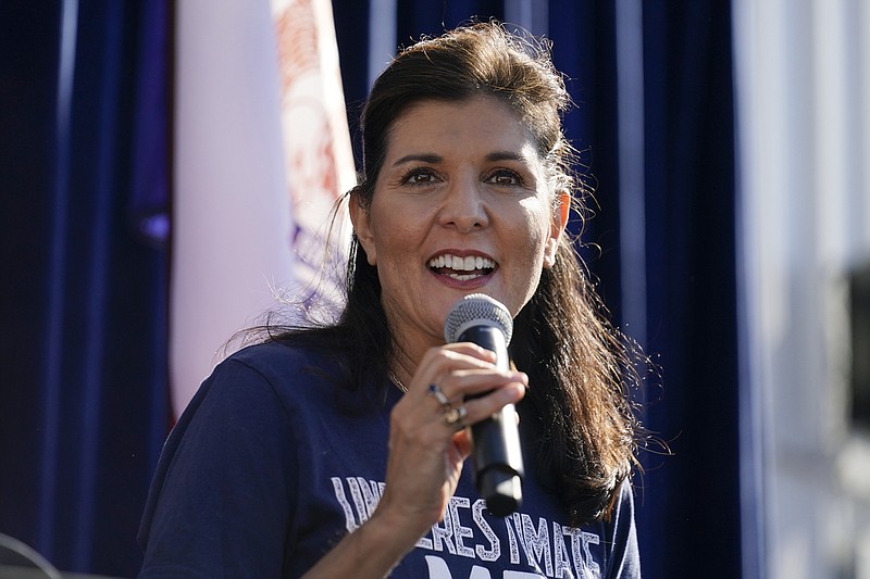 FILE - Republican presidential candidate former U.N. Ambassador Nikki Haley speaks during a Fair-Side Chat with Iowa Gov. Kim Reynolds at the Iowa State Fair, Saturday, Aug. 12, 2023, in Des Moines, Iowa. (AP Photo/Jeff Roberson, File)