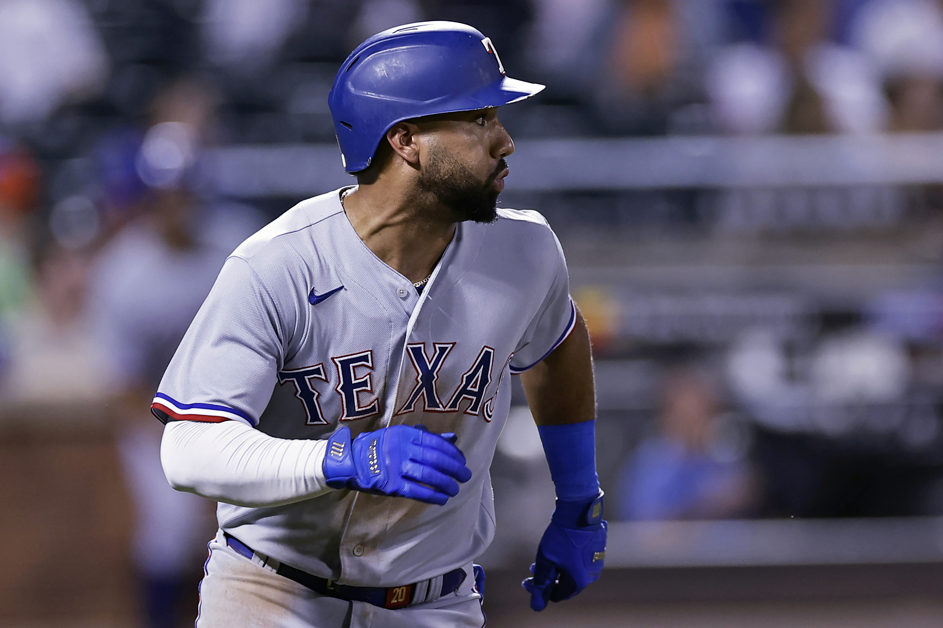 Texas Rangers' Ezequiel Duran flips his bat after hitting a two-run home  run during the fifth inning of the team's baseball game against the New  York Yankees, Saturday, April 29, 2023, in