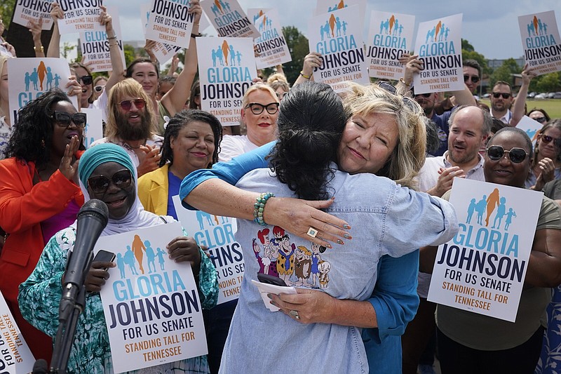 Tennessee state Rep. Gloria Johnson, D-Knoxville, hugs Rep. Justin Jones, D-Nashville, as Johnson announces her candidacy for the U.S. Senate during an event Tuesday, Sept. 5, 2023, in Nashville, Tenn. (AP Photo/George Walker IV)