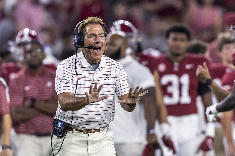 Alabama coach Nick Saban argues a call during the second half against Middle Tennessee Saturday in Tuscaloosa, Ala. - Photo by Vasha Hunt of The Associated Press