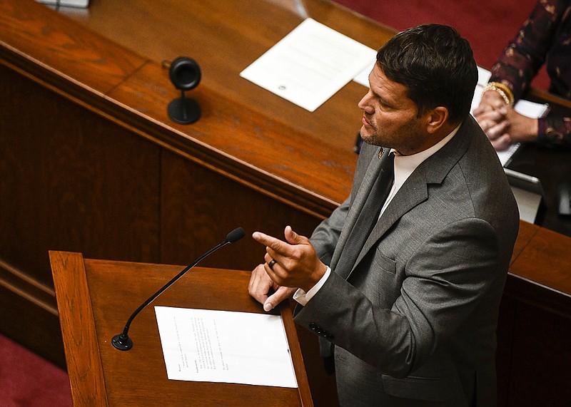 Senator Bart Hester, R-Cave Springs, speaks in the well during a meeting of the Senate in special session on Monday, Sept. 11, 2023. Hester explained that he was still in the process of writing a bill that would change sunshine laws in Arkansas, and asked the senate for an indefinite recess until he finished writing the bill.

(Arkansas Democrat-Gazette/Stephen Swofford)