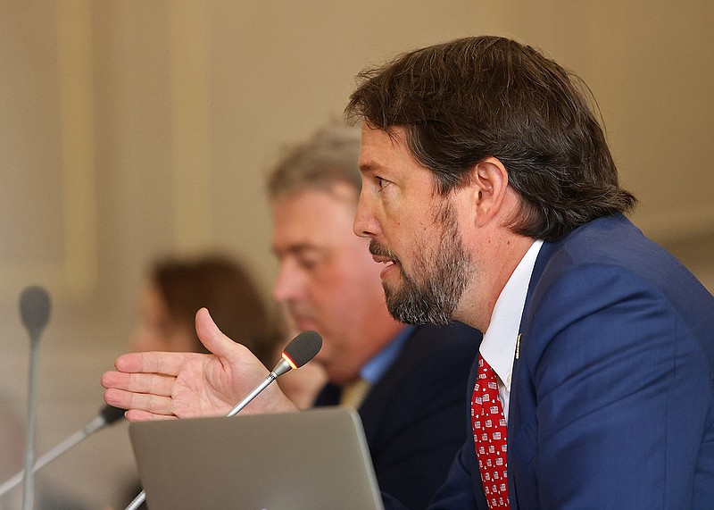 Sen. Clarke Tucker, D-Little Rock, speaks during a meeting of the Senate Committee on State Agencies and Governmental Affairs regarding new legislation about the state Freedom of Information Act at the Arkansas state Capitol on Tuesday, Sept. 12, 2023. (Arkansas Democrat-Gazette/Colin Murphey)