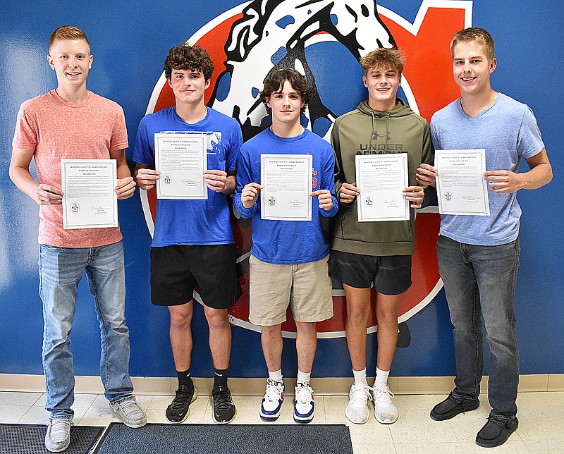 Democrat photo/Garrett Fuller — California High School baseball players previously recognized with All-State honors were awarded proclamations at the California R-I Board of Education's Sept. 20 meeting in the high school media center. Pictured, from left, are: Brayden Hallford, Hayden Kilmer, Tristan Nokes, Jace Schreck and Gavin Porter. Martin Kilmer was absent.