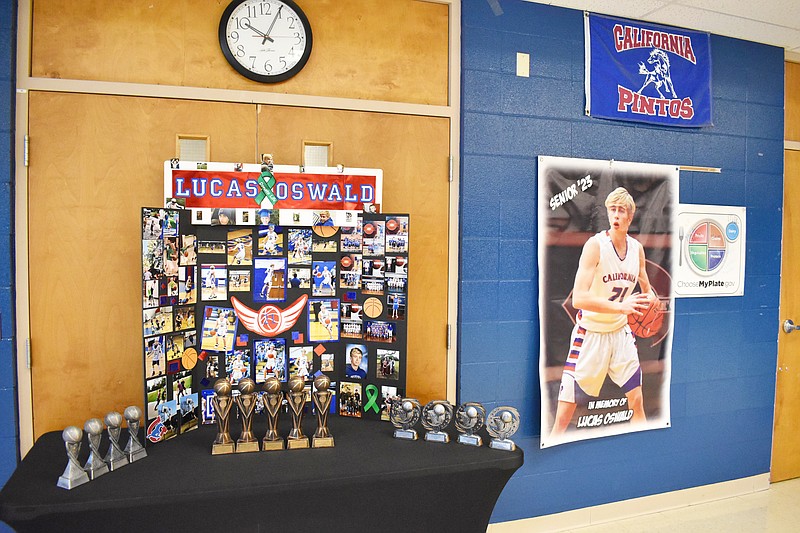 Garrett Fuller/News Tribune — California High School class of 2023 member Lucas Oswald was remembered Saturday during the third annual Lucas Oswald three-on-three basketball tournament at California High School. Parents Matt and Tabby Oswald have held the tournament each year since his death in July 2021 to raise funds to send local students to the Missouri Snow Valley Basketball Camp, a four-day basketball skill camp Lucas wanted to attend but was unable to do so before his unexpected death.
