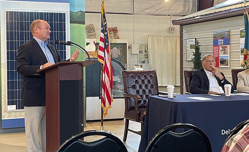 U.S. Sen. Chris Coons, D-Del., speaks to agriculture leaders during an event Friday in Dover, Delaware. Coons invited Sen. John Boozman, R-Ark., to the state to learn more about Delawares agriculture industry. (Arkansas Democrat-Gazette/Alex Thomas)