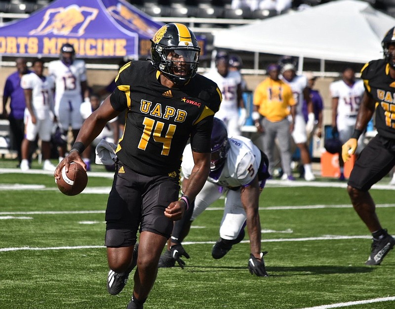 UAPB quarterback Jalen Macon scrambles against Miles College in Sept. 16 home victory. (Pine Bluff Commercial/I.C. Murrell)
