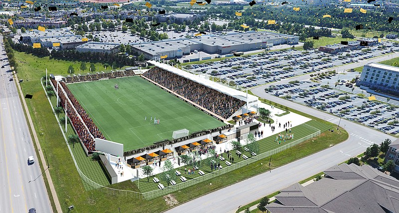 A soccer stadium proposed for construction at Bellview Road and Lazy L Street in Rogers is seen in this rendering.
(COURTESY OF USL ARKANSAS)
