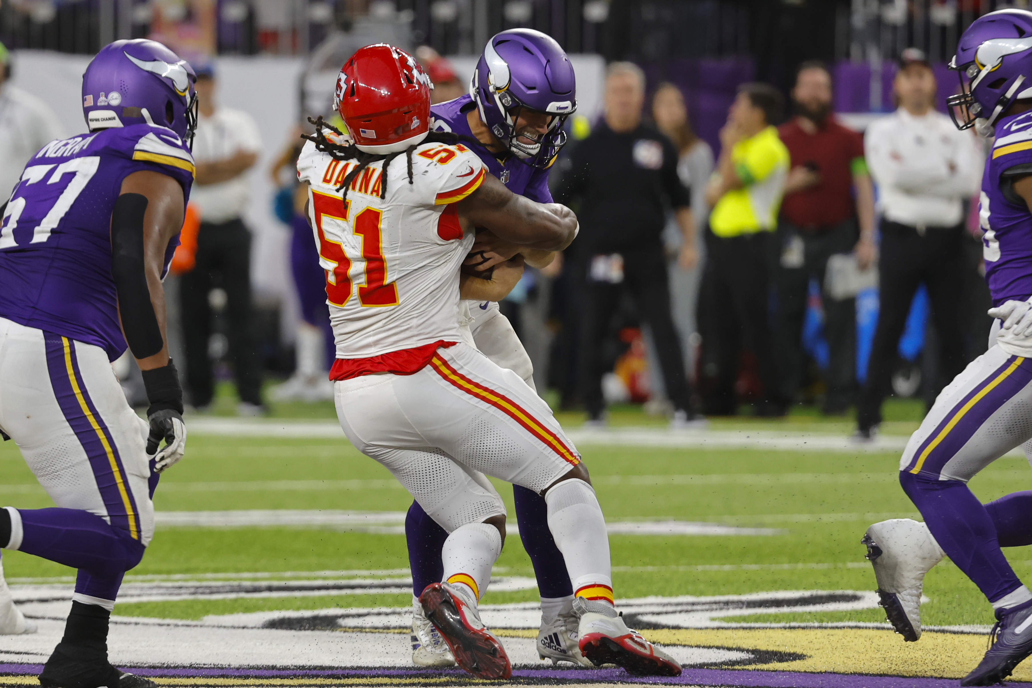 The Minnesota Vikings work out on the Rice Stadium playing field