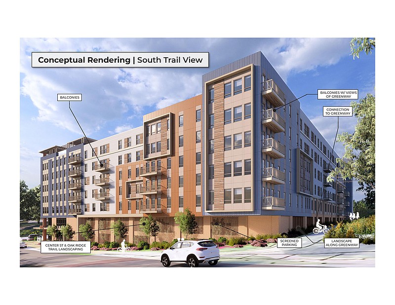 A drawing by Antunovich Associates being developed by Trinitas & Amplify shows the concept for a student housing complex planned west of the Razorback Greenway, north of Center Street in Fayetteville. The city's Planning Commission voted 7-2 on Monday to approve vacating an alley right of way running between the two properties there now. (Courtesy/Fayetteville)