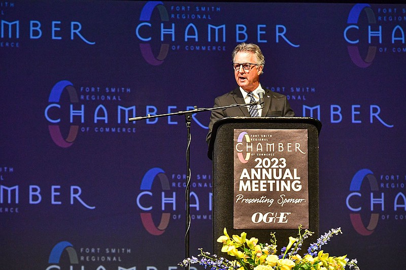 Tim Allen, president and CEO of the Fort Smith Regional Chamber of Commerce, delivers opening remarks Thursday during the chamber's annual meeting at the Fort Smith Convention Center in downtown Fort Smith. Visit rivervalleydemocratgazette.com/photo for todays photo gallery.

(River Valley Democrat-Gazette/Hank Layton)