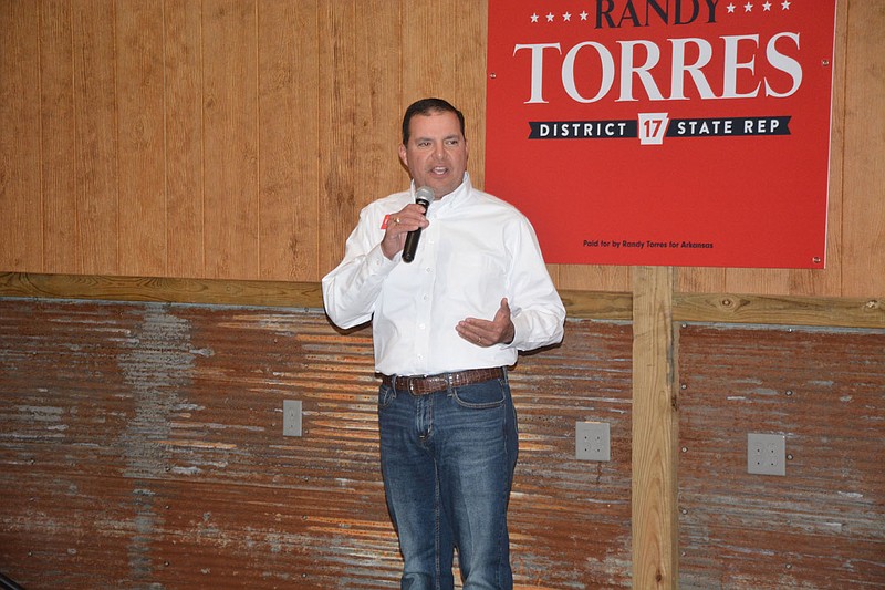 Marc Hayot/Herald-Leader Randy Torres thanks those who have come to support his campaign for state representative for District 17 on Thursday, Oct.12, at his barn. With current District 17 State Representative Delia Haak not seeking reelection, Torres is one of two candidates seeking the nomination. The other is Siloam Springs Fire Chief Jeremey Criner.
