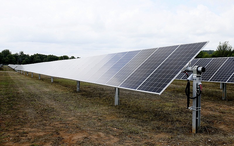 Solar panels are shown Aug. 22, 2022, at the solar park behind Sonora Elementary School in Springdale. 
(File Photo/NWA Democrat-Gazette/Charlie Kaijo)
