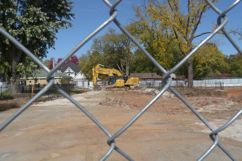 Work has started on the A Street Promenade in downtown Bentonville.
(NWA Democrat-Gazette/Flip Putthoff)